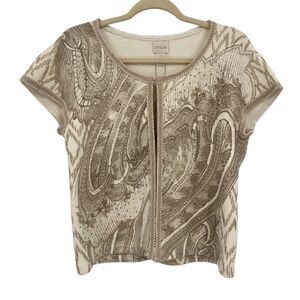 Chico's Short Sleeve Beaded Foil-Print Cardigan‎ Sweater Gold & Ivory/Ecru Small